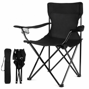 Scaun Pliabil pentru Camping, Pescuit si Plaja, Oxford 600D Impermeabil, Cadru din Otel, Suport Pahar, Cotiere Reglabile, Husa Transport, 44x44x80 cm, Negru