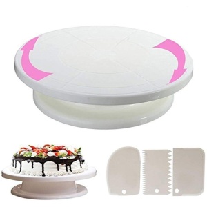 Set platou rotativ EBA cu 3 accesorii finisare tort, dimensiuni 28 x 6.5 cm