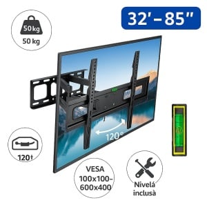 Suport TV perete reglabil 32-85" EBA Heavy Duty, Otel ranforsat 50 kg, VESA 100 x 100-600 x 400, Rotire 120 grade & Inclinare