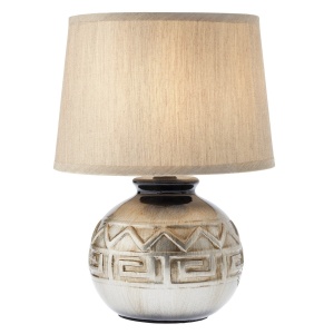 Veioza EBA, cu structura din metal si ceramica finisata argintiu cu patina bronz, abajur textil maro, 1 x E27
