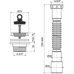 Ţeavă flexibilă 6/4"×40/50, cu piuliţa plastic + Ventil chiuvetă 6/4" cu sită din oţel inoxidabil DN70 A770+A33 - Img 2
