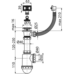 Sifon chiuvetă cu sită din oţel inoxidabil DN70 şi preaplin flexibil A444-DN50/40 - Img 2
