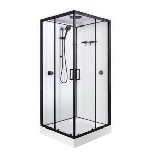 Cabină de duș Optima Maia Black, 80x80cm, profil negru mat, cap duș tavan, pătrată