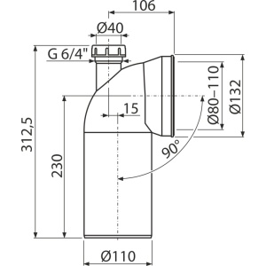 Racord pentru vas WC pe pardoseală, cot 90° cu racord DN 40, DN 110, lungime 230 mm, PP, alb A90-90P40A - Img 2