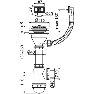 Sifon chiuvetă cu sită din oţel inoxidabil DN115 şi preaplin flexibil A447-DN50/40 - Img 2