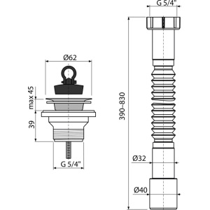 Ţeavă flexibilă 5/4"×32/40, cu piuliţă plastic + Ventil lavoar 5/4" cu sită din oţel inoxidabil DN63 A750+A31 - Img 2