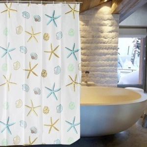 Perdea baie PEVA 180×200 cm Starfishes – model marin cu stele de mare și scoici