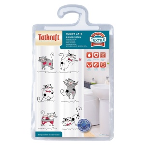 Perdea de duș textilă Tatkraft Funny Cats, antibacteriană, impermeabilă, 180x180 cm - Img 3