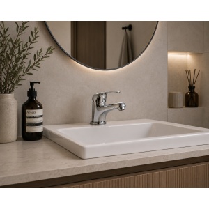 Baterie lavoar cu țeavă scurtă și ventil Optima Moka, cartuș ceramic XA1101 Ø35 mm, aerator economizor, finisaj crom lucios - Img 2