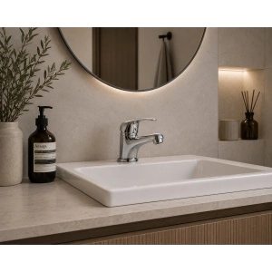 Baterie lavoar cu țeavă scurtă și ventil Optima Moka, cartuș ceramic XA1101 Ø35 mm, aerator economizor, finisaj crom lucios - Img 2