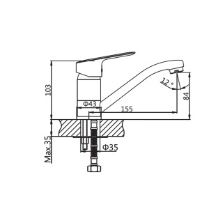 Baterie lavoar Optima Jager, țeavă lungă, cartuș ceramic Wanhai XA1020 35 mm, țeavă metalică mobilă 160 mm - Img 3