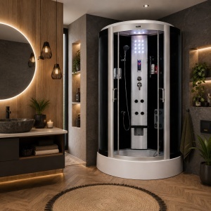 Cabină de duș cu hidromasaj Optima Siris 90x90 cm, radio FM, LED, scaun rabatabil, sticlă 5 mm, 220 cm înălțime - Img 2