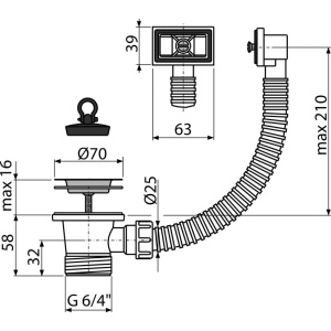 Ventil chiuvetă 6/4" cu sită din oţel inoxidabil DN 70 şi preaplin flexibil A331 - Img 2