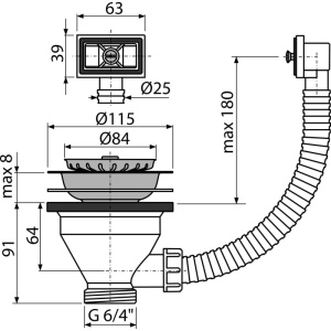 Ventil chiuvetă 6/4" cu sită din oţel inoxidabil DN 115 şi preaplin flexibil A38 - Img 2