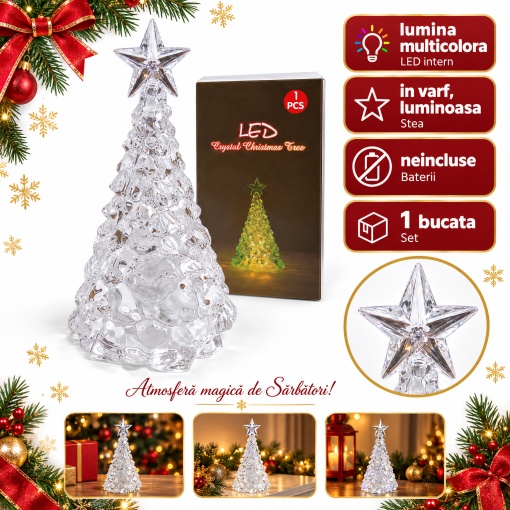 Brad decorativ de Crăciun cu LED multicolore, stea în vârf, din plastic, 20 x 8 cm - Img 1