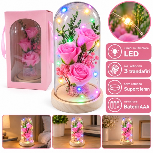 Cupolă decorativă cu trandafiri roz și lumini LED multicolore, plastic, suport lemn, 19 cm - Img 1