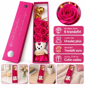 Aranjament cu 6 trandafiri de săpun fucsia, ursuleț și trandafir auriu, 37×8 cm