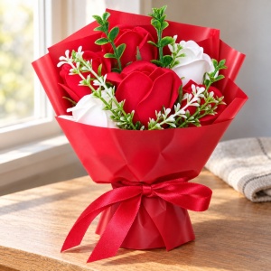 Aranjament cu buchet de trandafiri roșii și albi, cutie cadou cu fundă satinată, 25cm - Img 3