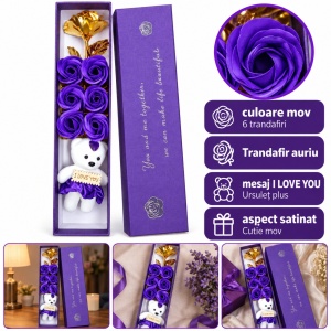 Aranjament decorativ cu 6 trandafiri mov, trandafir auriu și ursuleț , în cutie cadou, 25cm