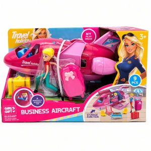 Avion jucarie roz cu papusa si accesorii travel, set interactiv 29x17 cm