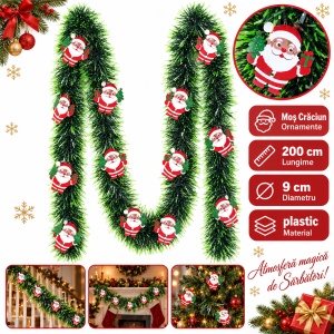 Beteală de Crăciun cu ornamente Moș Crăciun, verde cu vârfuri deschise, 200 × 9 cm, plastic - Img 5