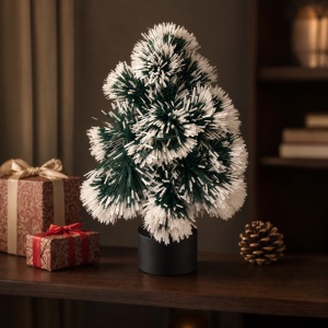 Brad decorativ de Crăciun artificial, cu lumini, verde cu alb, suport negru, 30x10cm - Img 3
