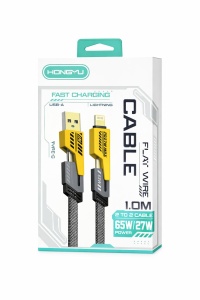 Cablu de încărcare rapidă Hongyu Flat Wire, USB-A la Lightning, 65W / 27W, 1 m, negru cu galben