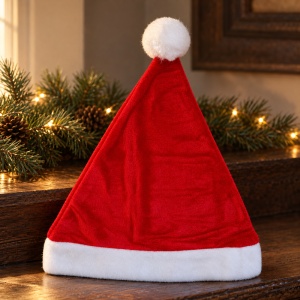 Căciulă de Moș Crăciun cu pompon, textil pufos roșu cu alb, 41 cm - Img 4