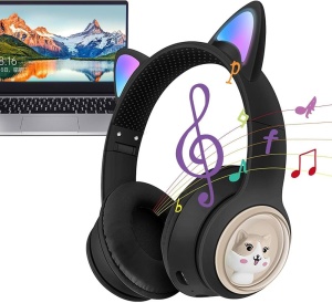 Casti wireless Bluetooth cu urechi de pisica LED, pliabile, pentru copii si adulti, negre - Img 2
