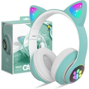 Căști wireless cu urechi de pisică și lumini LED, design ergonomic, turcoaz