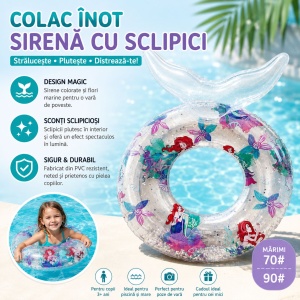 Colac Gonflabil cu Sirenă și Sclipici – 70 cm, Model Transparent pentru Copii - Img 2