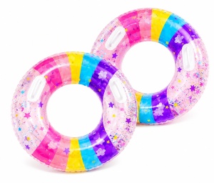 Colac gonflabil curcubeu pentru copii, 90 cm, cu manere, ideal piscina si mare - Img 2