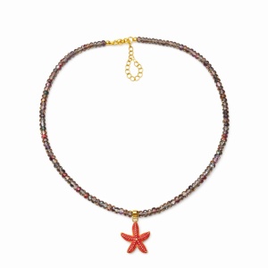 Colier Roxe de vara cu pietricele multicolore si pandantiv stea de mare rosie, reglabil 40 cm
