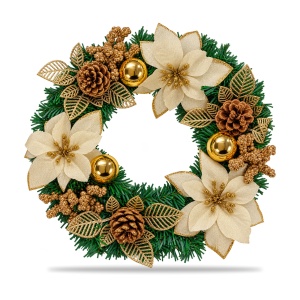 Coroniță de Crăciun artificială cu flori poinsettia, conuri și globuri aurii, 35x35 cm - Img 2