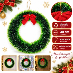 Coroniță de Crăciun din plastic cu fundiță roșie și agățătoare, 32 × 31 cm - Img 5