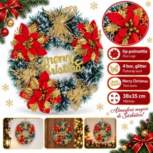 Coroniță decorativă de Crăciun cu flori roșii și fluturași aurii glitter, 38x35 cm - Img 5