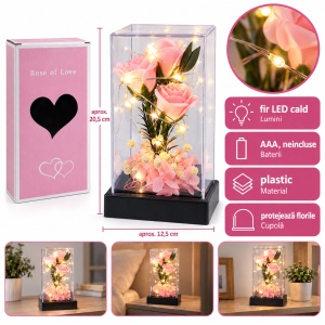 Cupolă cu trandafiri artificiali și lumină LED, roz, cu baterii, 16 cm