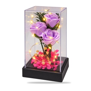 Cupolă cu trandafiri mov și LED, baterii AAA, suport negru, 20 cm înălțime, 13×6,5 cm - Img 2
