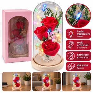 Cupolă cu trandafiri roșii și lumini LED multicolore, suport din lemn, 22 cm