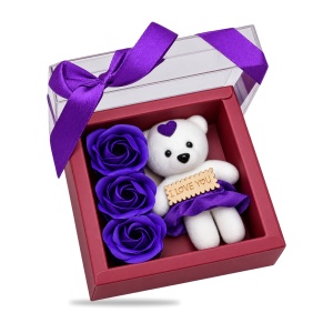 Decoratiune cadou cu 3 trandafiri din săpun și ursuleț I LOVE YOU, mov, cu fundita, 20cm - Img 2