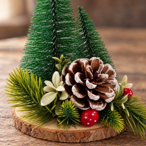 Decoratiune de Craciun brad cu con de pin, baza din lemn natural, 19x11 cm - Img 4