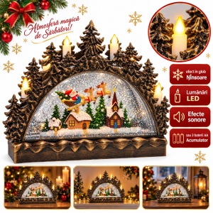 Decoratiune de Craciun luminoasa cu efect de ninsoare si sunete, model cu Mos Craciun, 40x28 cm