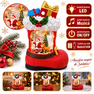 Decoratiune luminoasa de Crăciun, cu muzică, model Ghetuta cu cadouri, 20x9 cm