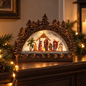 Decorațiune luminoasă de Crăciun cu scena Nașterii Domnului, cu muzică și sclipici, 17x13 cm - Img 3