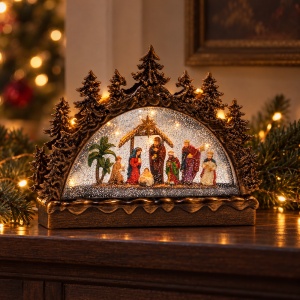 Decorațiune luminoasă de Crăciun cu scena Nașterii Domnului, cu muzică și sclipici, 17x13 cm - Img 5