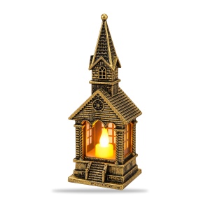 Felinar de Craciun cu Lumanare LED, Turn Biserica, Auriu Antichizat, 17,5 cm - Img 2