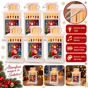 Felinar decorativ de Crăciun cu LED și muzică, alb, set de 6 bucăți, 15x8 cm