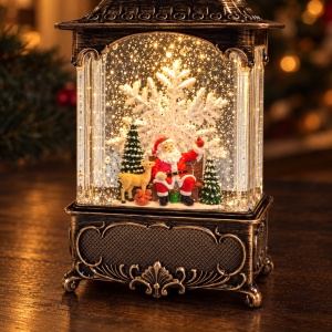 Felinar decorativ de Crăciun cu lumini LED si muzica, model cu Fulg de Nea Rotativ, 23x10 cm - Img 4