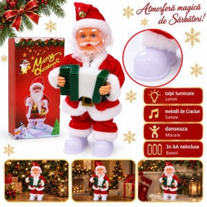 Figurina Mos Craciun animat cu acordeon, sunete, lumini si dans, baterii AA, 29 cm - Img 2