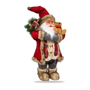 Figurină Moș Crăciun decorativă cu ursuleț de pluș și sac de cadouri, textil, 65 cm - Img 2